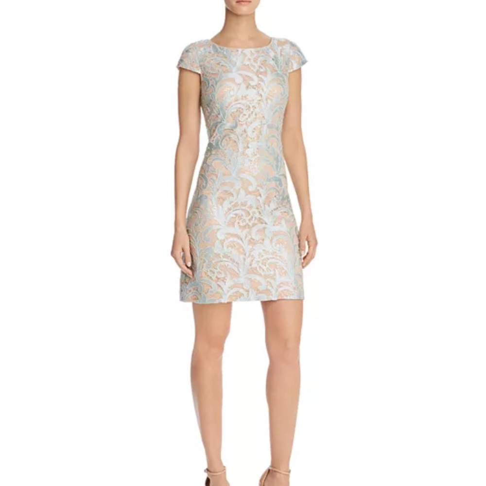 Eliza J Floral Lace Sheath Dress Cap Sleeve Light Blue Nude Lining Size 0 - Picture 1 of 16